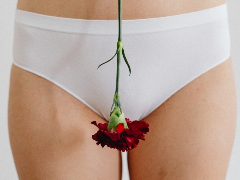 Close-up of woman's hips in white panties holding a red flower, symbolizing femininity and menstruation.